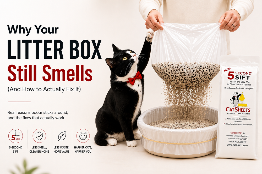 CatSheets sifting litter box liner showing clean litter falling back into the box